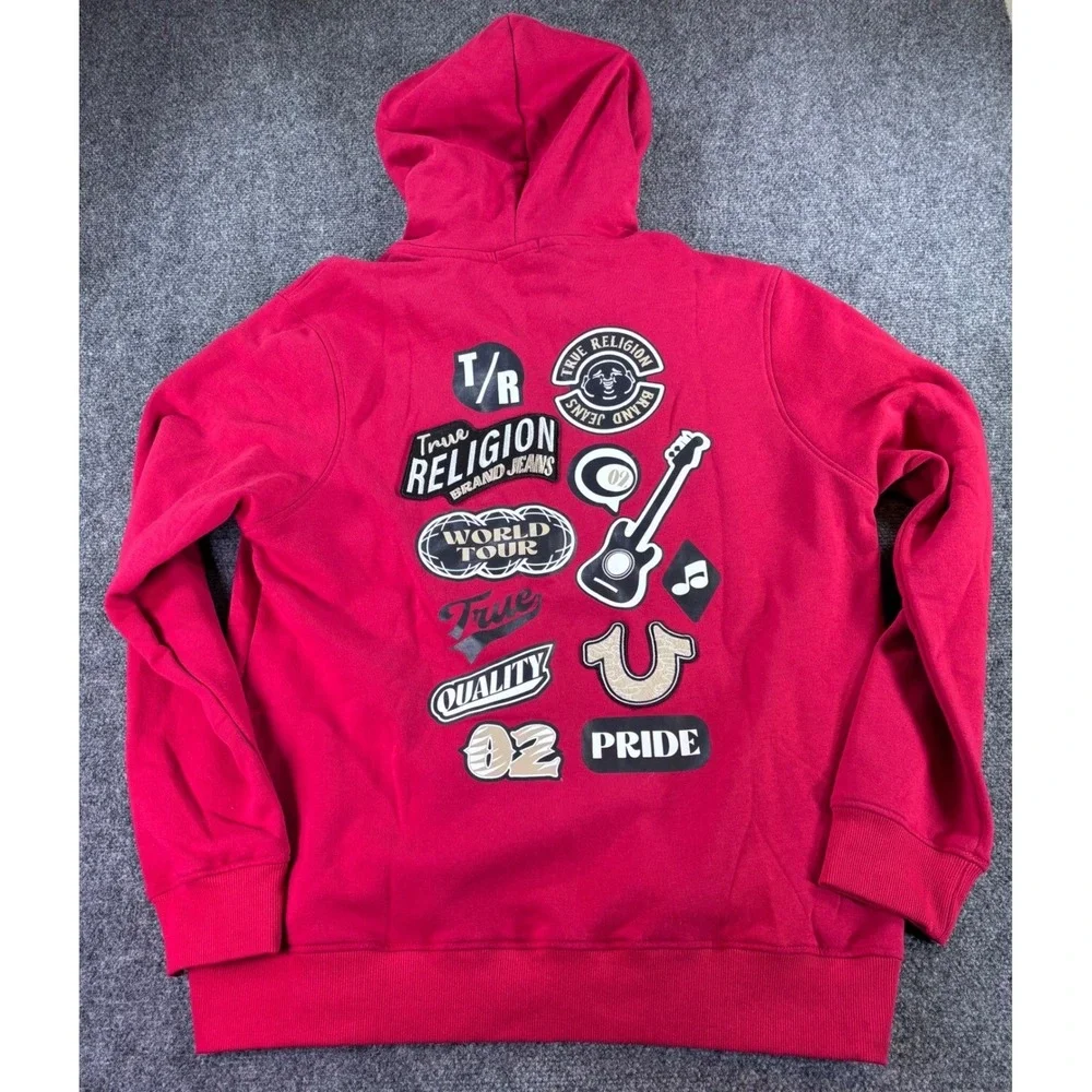 True Religion Zip Hoodie Mens XL Red Multi Patch Logo 700761 NWT Crazy Back Hits